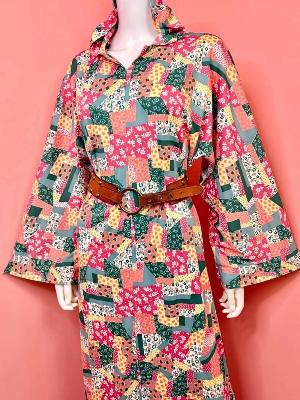 🌈60-70s Patchwork kaftan hoodie lounge dress with bell sleeves